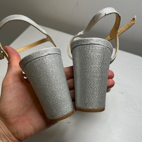 American Glamour/Badgley Mischka Silver Heels Sparkly Open Toe Sandal - Picture 5 of 11